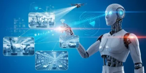 푸른색 배경에 인간형 로봇이 실제 물리적 세계(공장, 도로, 창고)에서 센서 데이터(빛, 레이더 선)를 수집하며 복잡한 행동을 수행하는 모습