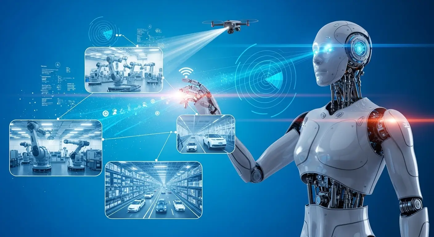  푸른색 배경에 인간형 로봇이 실제 물리적 세계(공장, 도로, 창고)에서 센서 데이터(빛, 레이더 선)를 수집하며 복잡한 행동을 수행하는 모습  