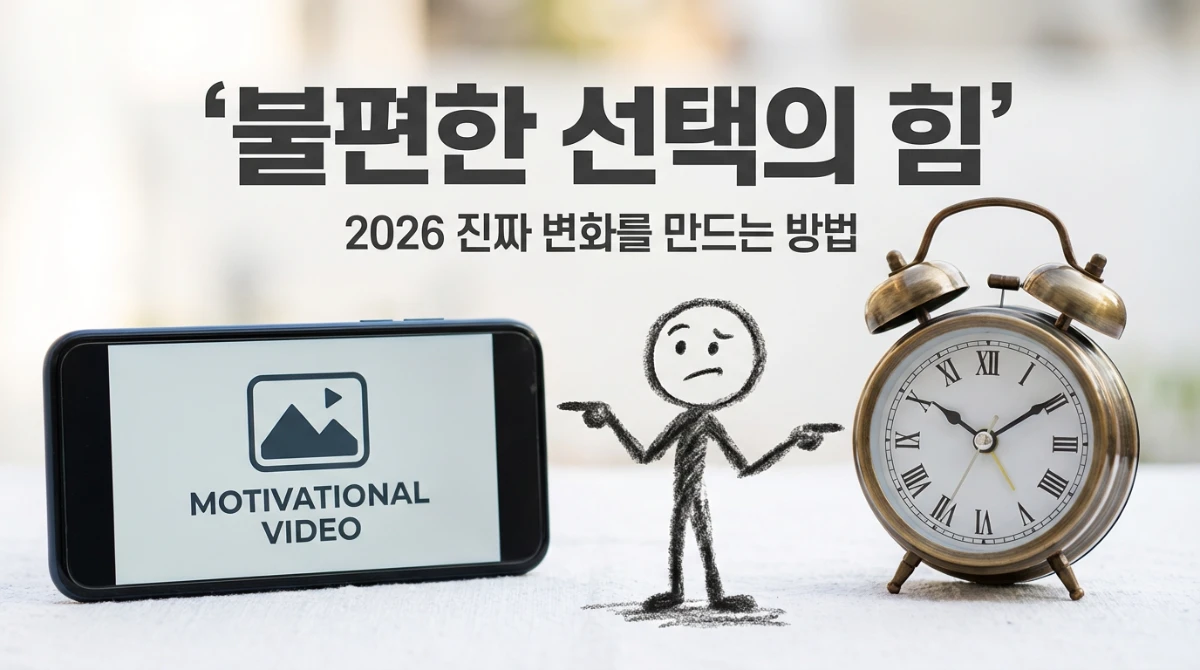 스마트폰과 시계를 가리키며 불편한 선택의 힘을표시하는 스티맨  