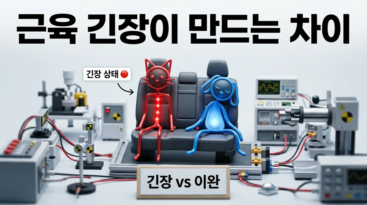 교통사고 시 긴장 상태와 이완 상태 비교 - 미니어처 충돌 테스트 실험실 디오라마. 근육 긴장이 부상에 미치는 영향을 시각화한 과학 교육 이미지  