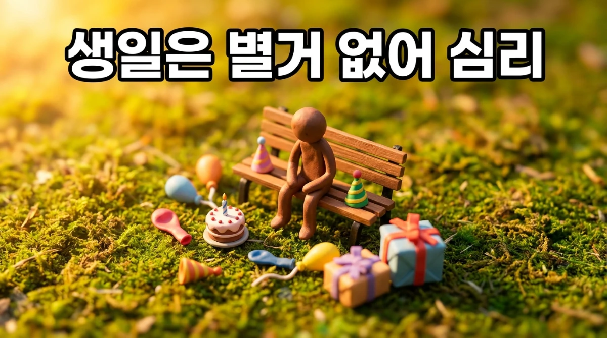 주변에 작은 생일 케이크, 풍선, 선물 상자들이 무시되거나 밀려난 상태에서 미니어처 스틱맨 피규어가 공원 벤치에 혼자 앉아 생각에 잠긴 모습  