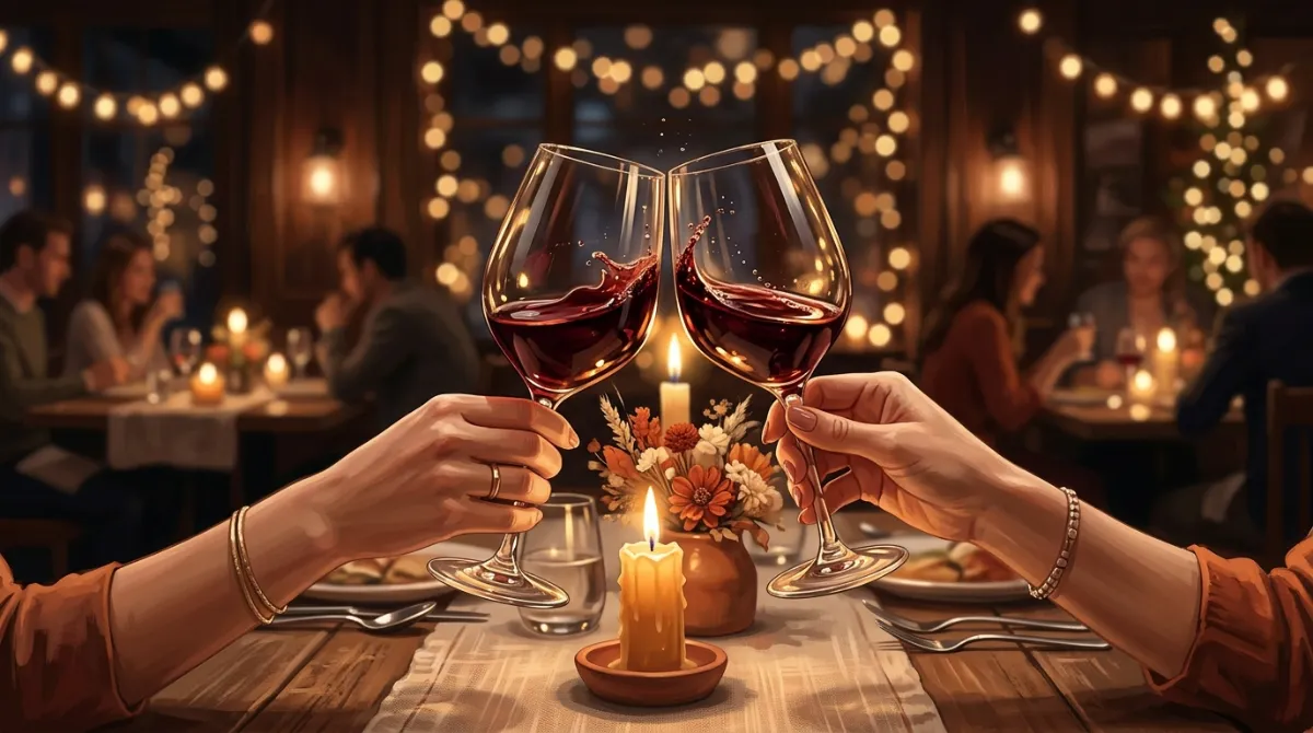 따뜻한 조명의 레스토랑에서 와인 잔을 부딪치며 건배하는 두 손, 캔들과 보케 효과가 있는 분위기 있는 식사 장면  