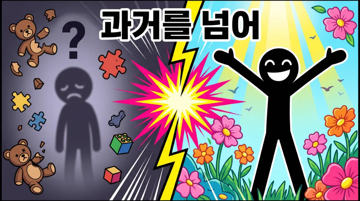  어두운 과거에서 밝은 미래로의 극적인 변화를 표현한 팝아트 일러스트. 부서진 장난감과 그림자에서 꽃과 햇살이 가득한 희망찬 미래로 나아가며 팔을 활짝 펼친 자신감 넘치는 캐릭터 