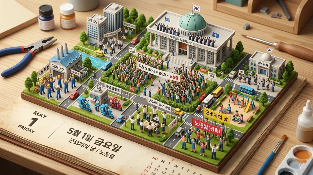  2026년 노동절 법정공휴일 지정 근로자의날 명칭변경 공무원 교사 휴무 황금연휴 국회 통과 일러스트    