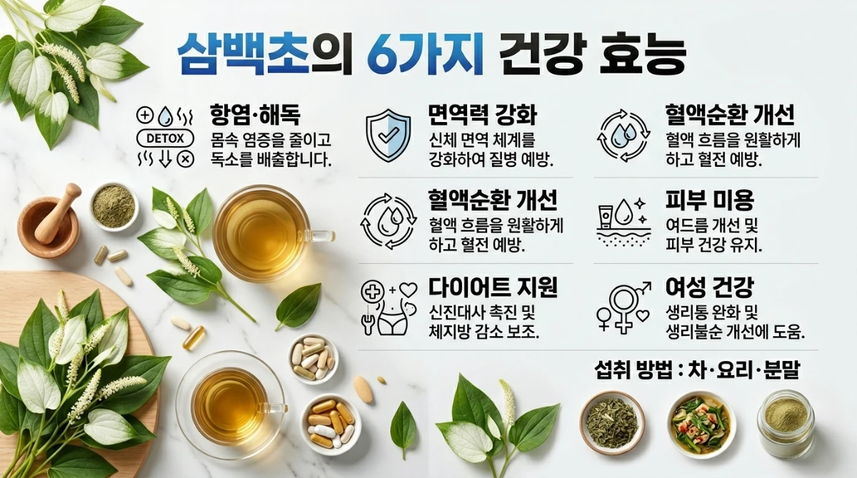 삼백초의 6가지 건강 효능 인포그래픽 - 항염해독, 면역력 강화, 혈액순환 개선, 피부 미용, 다이어트 지원, 여성 건강 효능과 차·요리·분말 섭취 방법 안내  