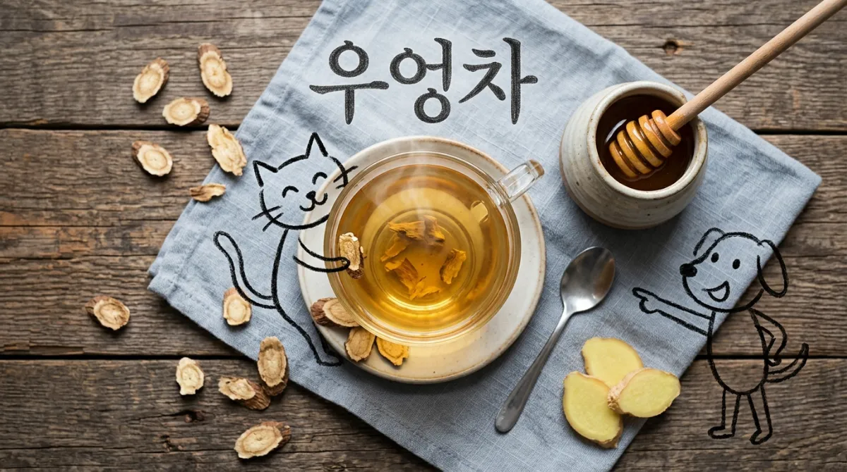  투명 유리잔에 담긴 따뜻한 우엉차와 말린 우엉 뿌리, 꿀단지, 생강이 놓인 플랫레이 사진, 귀여운 스틱 고양이와 강아지 캐릭터가 손그림으로 그려진 블로그 썸네일 