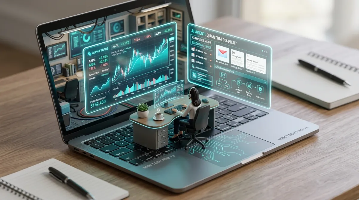 노트북에서 펼쳐지는 미니어처 AI 투자 트레이딩 오피스 디오라마, Future Teal 테마의 홀로그래픽 주식 차트와 AI 에이전트 인터페이스  