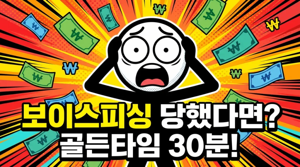 손으로 머리를 감싸고 충격받은 표정의 검은색 스틱맨 캐릭터, 날아가는 원화 기호와 지폐들, 전기 노란색 배경에 골든타임 30분 한글 텍스트가 있는 고임팩트 팝아트 스타일 일러스트레이션