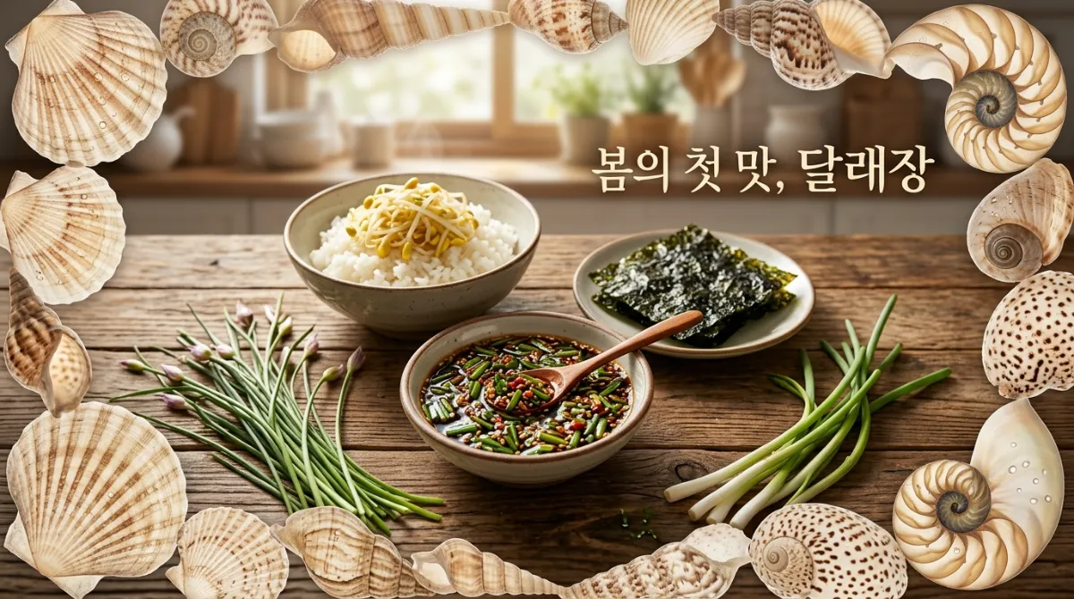 나무 테이블 위 달래장과 흰 쌀밥, 콩나물, 구운 김이 놓인 봄 한식 상차림 사진. 조개껍데기 장식 프레임과 '봄의 첫 맛, 달래장' 텍스트가 있는 따뜻한 분위기의 음식 사진 