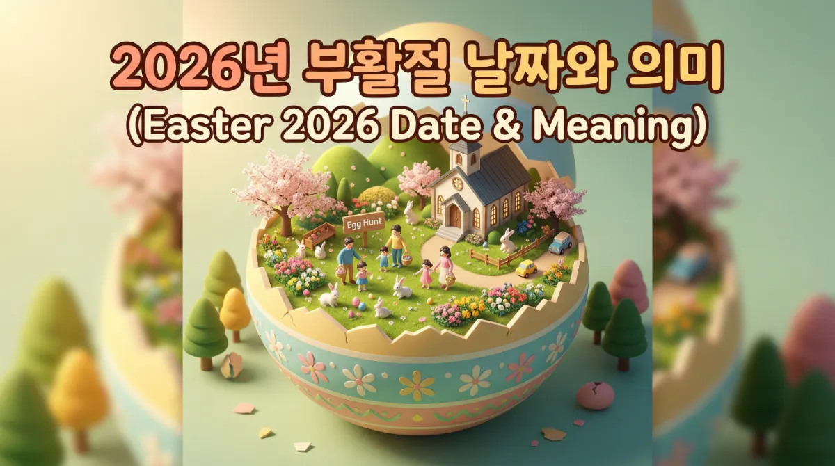 2026년 부활절 날짜와 의미를 담은 미니어처 디오라마 일러스트. 파스텔 톤의 부활절 달걀 위에 벚꽃 피는 봄 마을, 하얀 교회, 에그헌트를 즐기는 가족들과 부활절 토끼가 표현된 아이소메트릭 뷰 이미지    