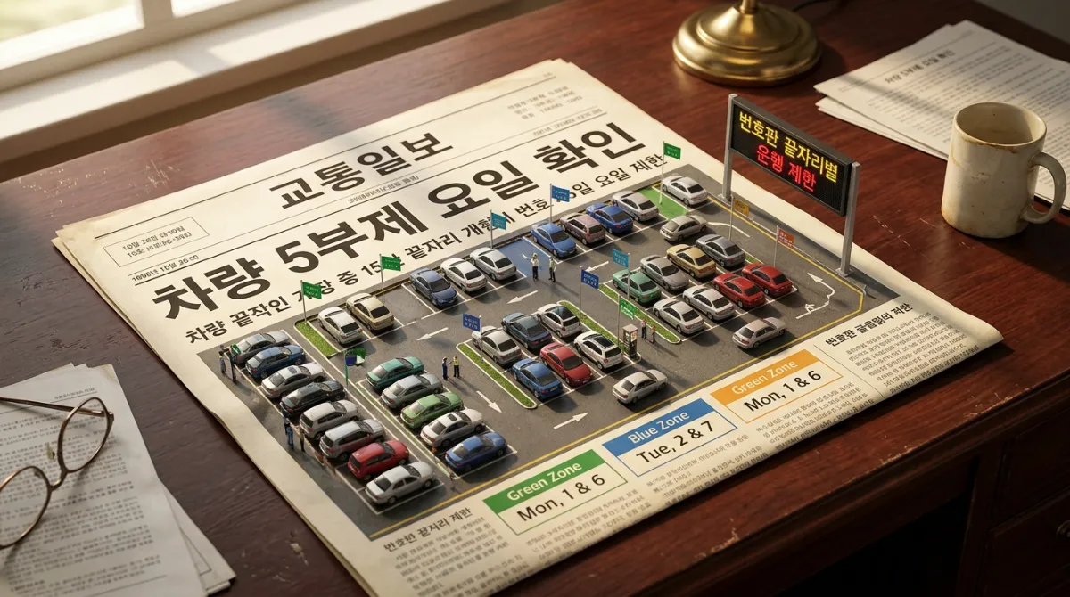  교통일보 신문 위 입체 디오라마 - 차량 5부제 요일 확인 주차장 미니어처, 번호판 끝자리 1-6-2-7-3-8-4-9-5-0 운행제한 표시, 공공기관 강화 정책 안내    